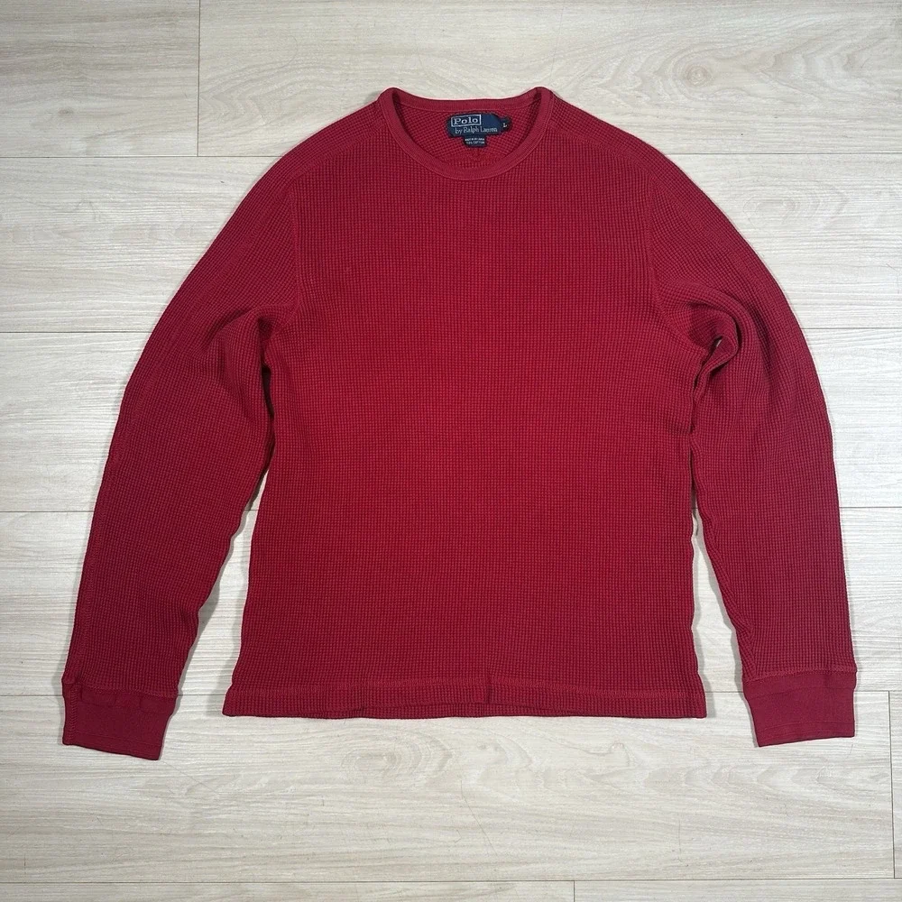 Polo Ralph Lauren Mens Large Waffle Knit Thermal Red Long Sleeve Retro 90s Soft‎